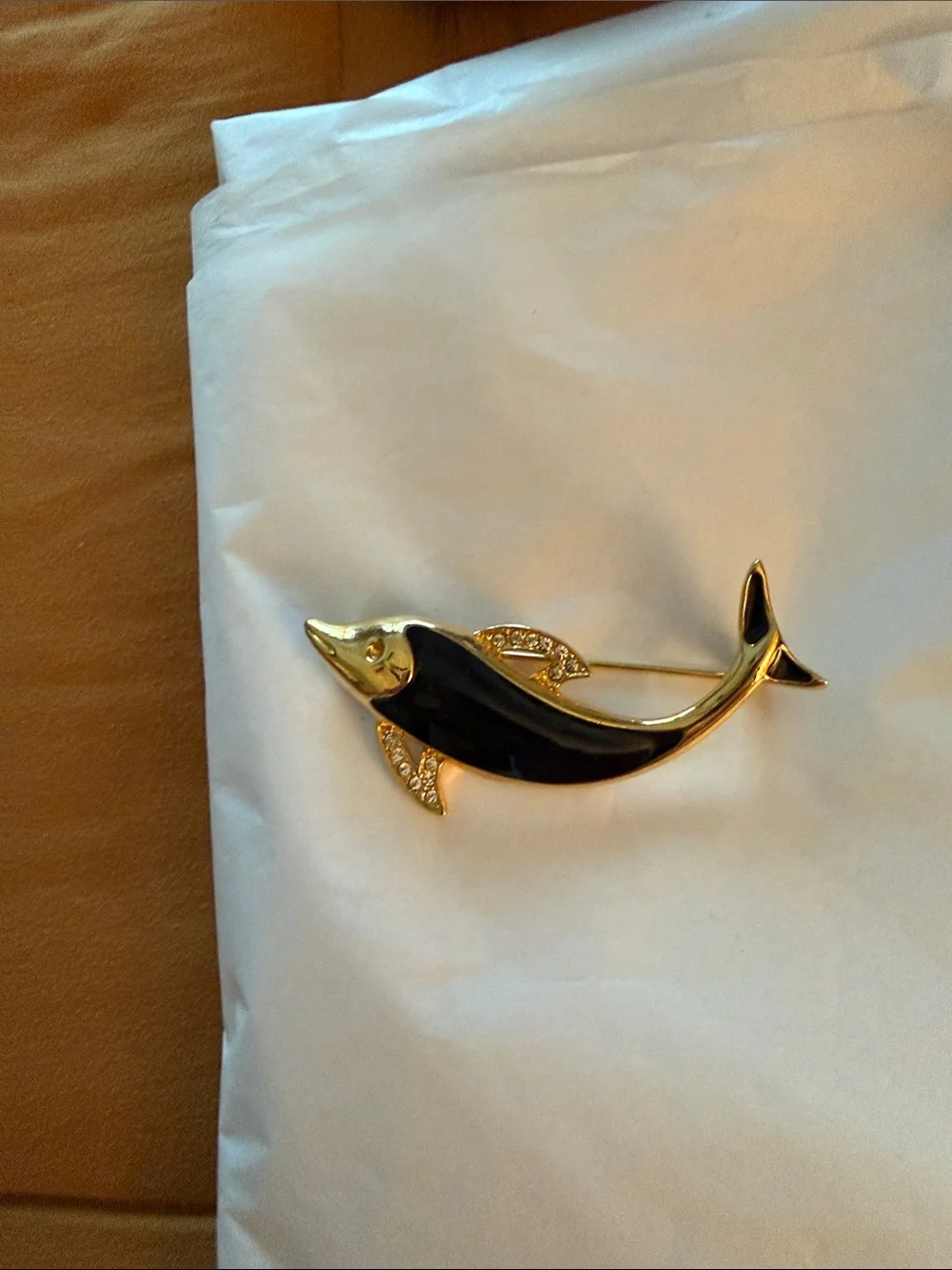 Gold and Black Enamel Dolphin Pin Brooch - Elegant Fish Accent
